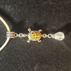 Silver Turtle w Small Animal print Brown Black & Cream Necklace